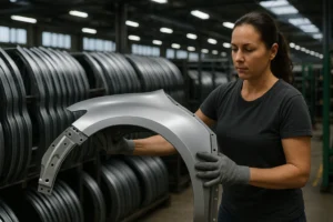 Funcionária inspecionando peça de lataria automotiva em fábrica, com fileiras de para-lamas metálicos ao fundo, representando produção moderna e sustentável de componentes automotivos.
