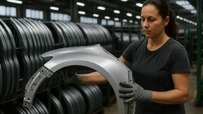Funcionária inspecionando peça de lataria automotiva em fábrica, com fileiras de para-lamas metálicos ao fundo, representando produção moderna e sustentável de componentes automotivos.