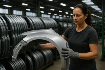 Funcionária inspecionando peça de lataria automotiva em fábrica, com fileiras de para-lamas metálicos ao fundo, representando produção moderna e sustentável de componentes automotivos.